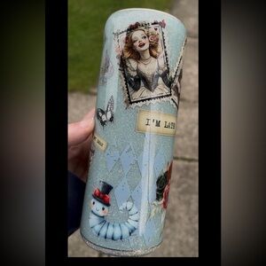 Whimsical Blue Tumbler with Alice in Wonderland Design